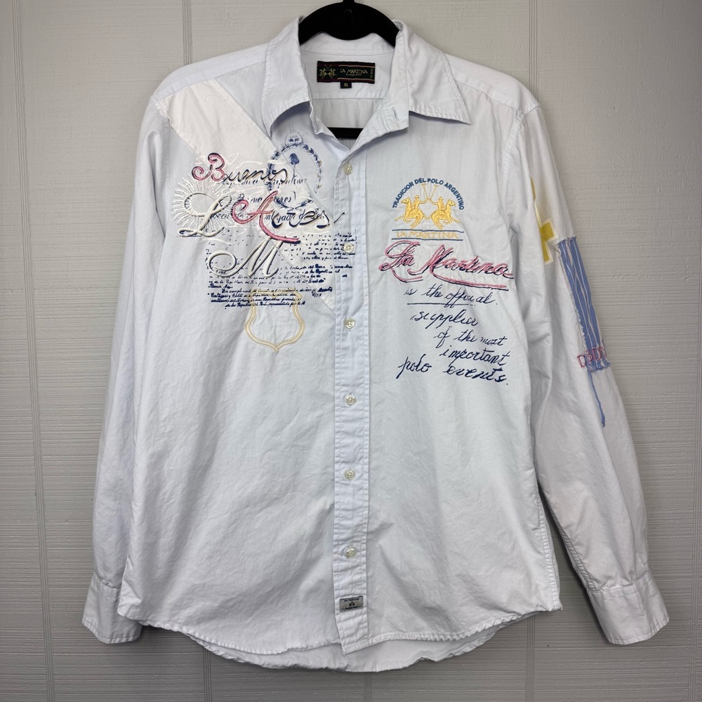 La Martina Saddlery Buenos Aires Button Up Shirt Embroidery Patchwork Lettering